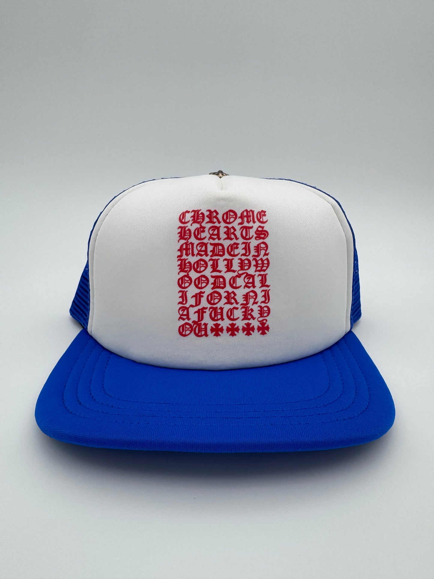CHROME HEARTS EYECHART TRUCKER HAT - WHITE/RED/BLUE (NEW)