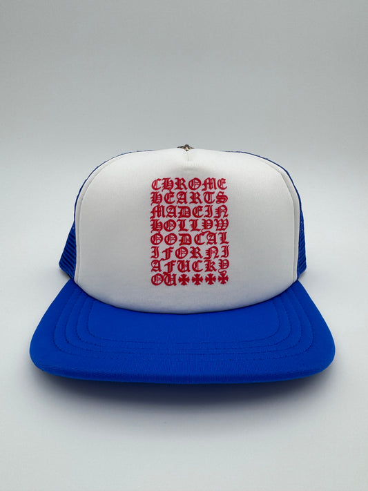 CHROME HEARTS EYECHART TRUCKER HAT - WHITE/RED/BLUE (NEW)