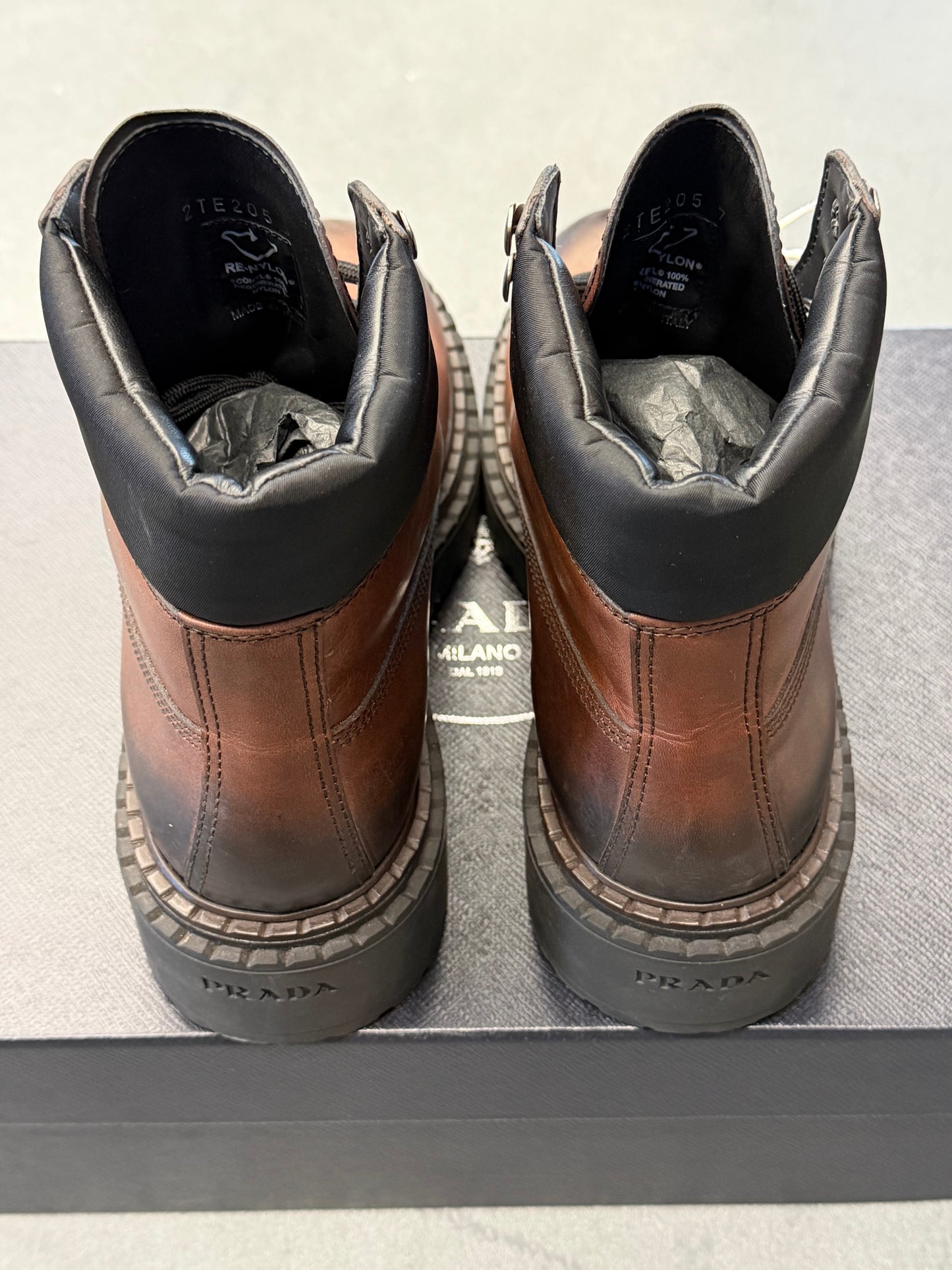 PRADA CALZATURE UOMO BROWN LEATHER WORK BOOTS (W/BOX)