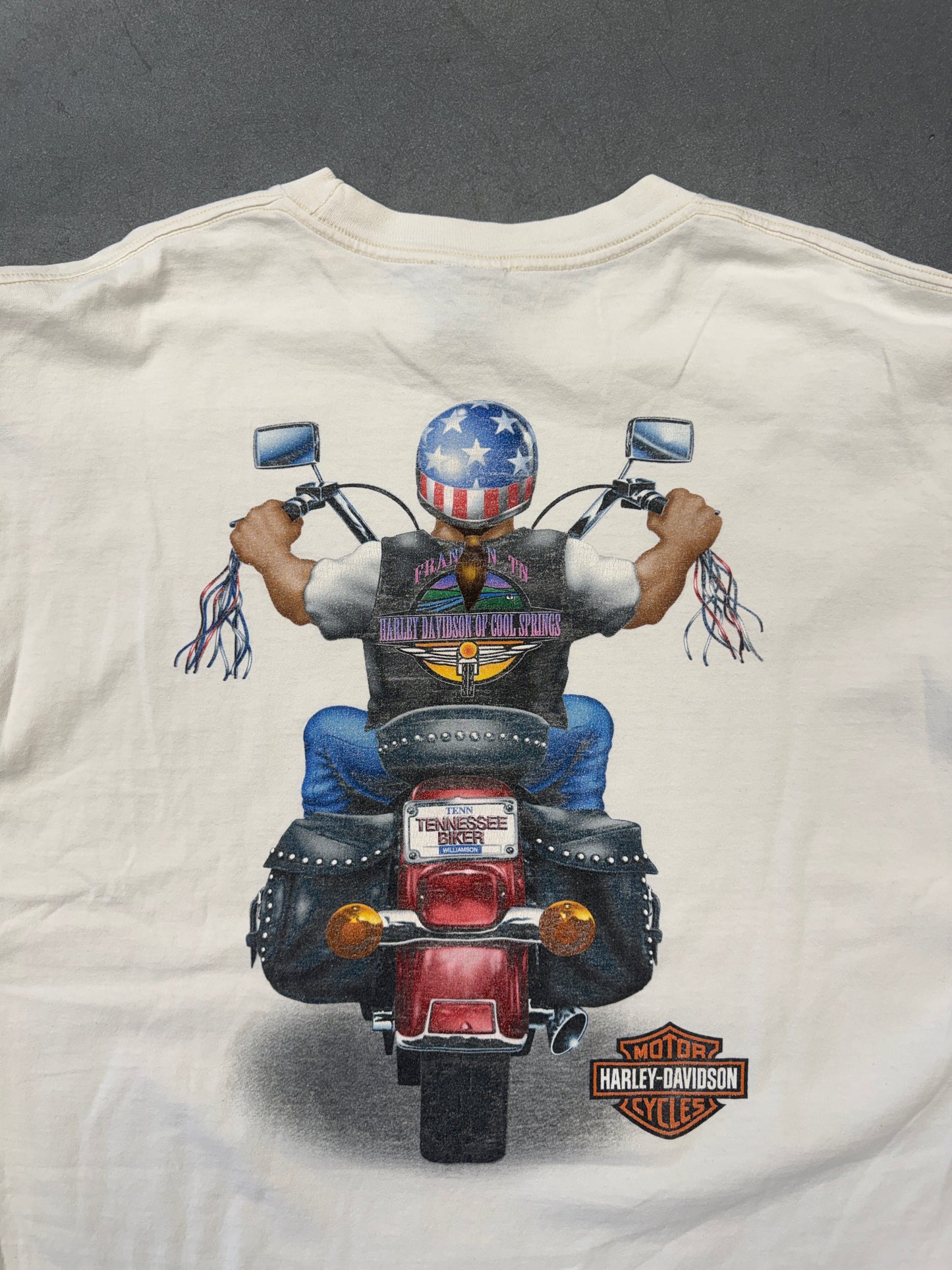 90S HARLEY-DAVIDSON FRANKLIN, TN COOL SPRINGS BIKER FLAME SLEEVE LS MULLET TEE