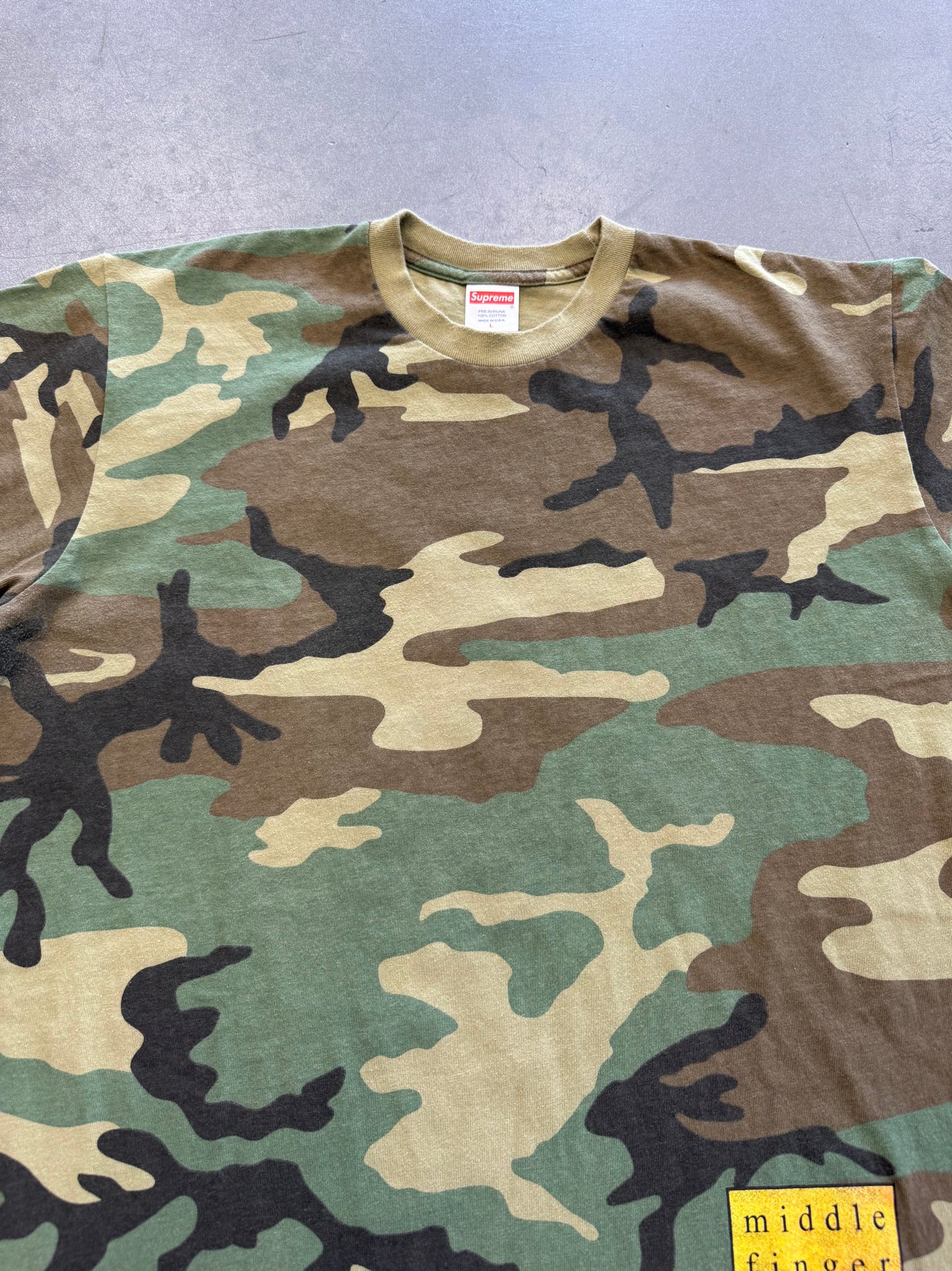 SS19 SUPREME MIDDLE FINGER TO THE WORLD TEE - WOODLAND CAMO