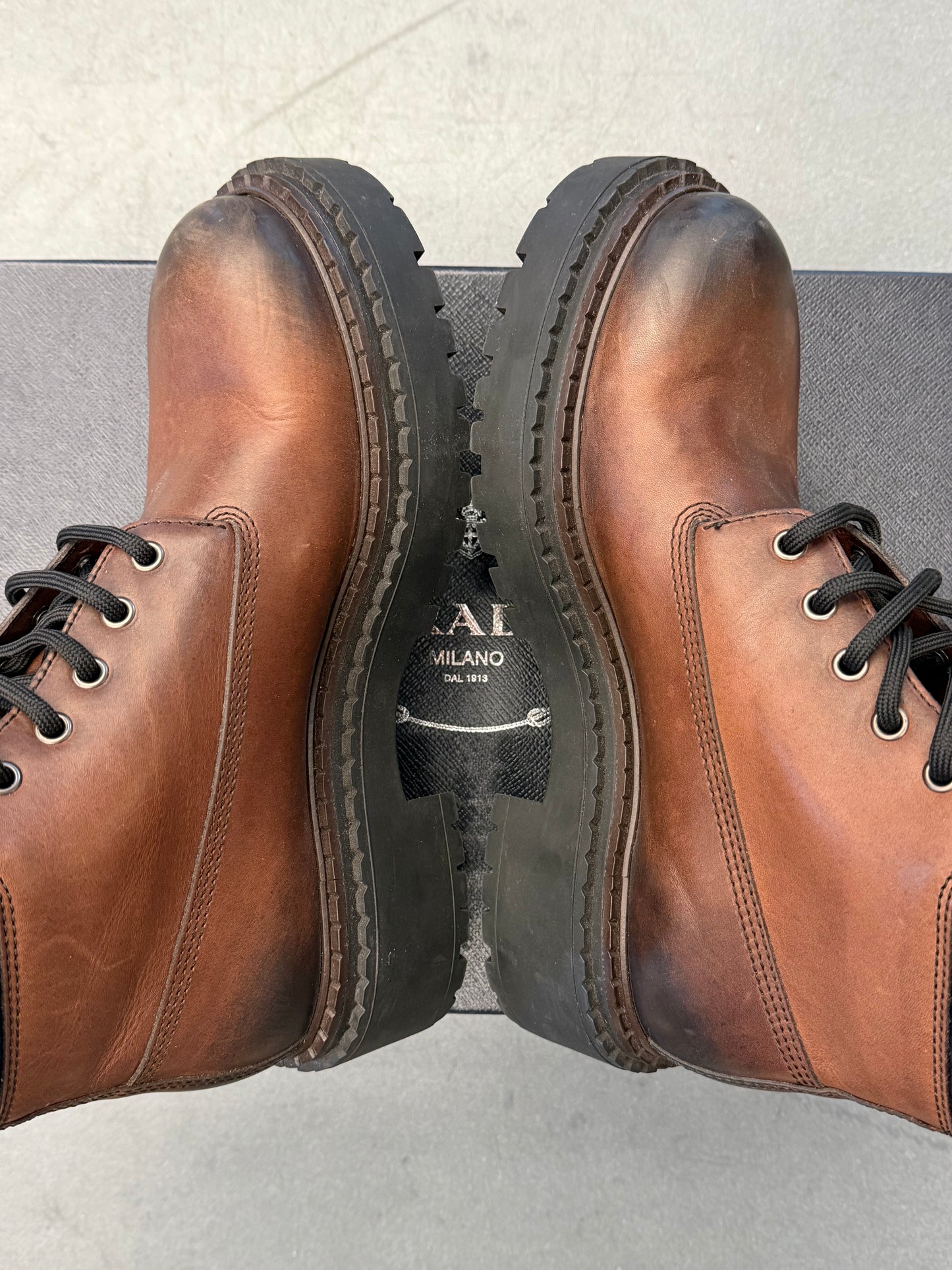 PRADA CALZATURE UOMO BROWN LEATHER WORK BOOTS (W/BOX)