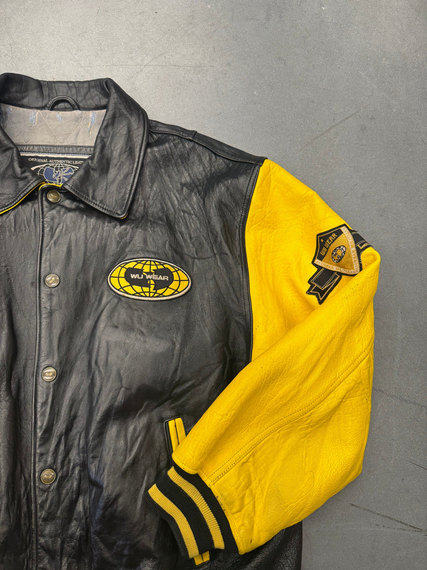 90S WU-TANG WU WEAR KILLAH BEEZ LEATHER VARSITY JACKET - BLACK/YELLOW