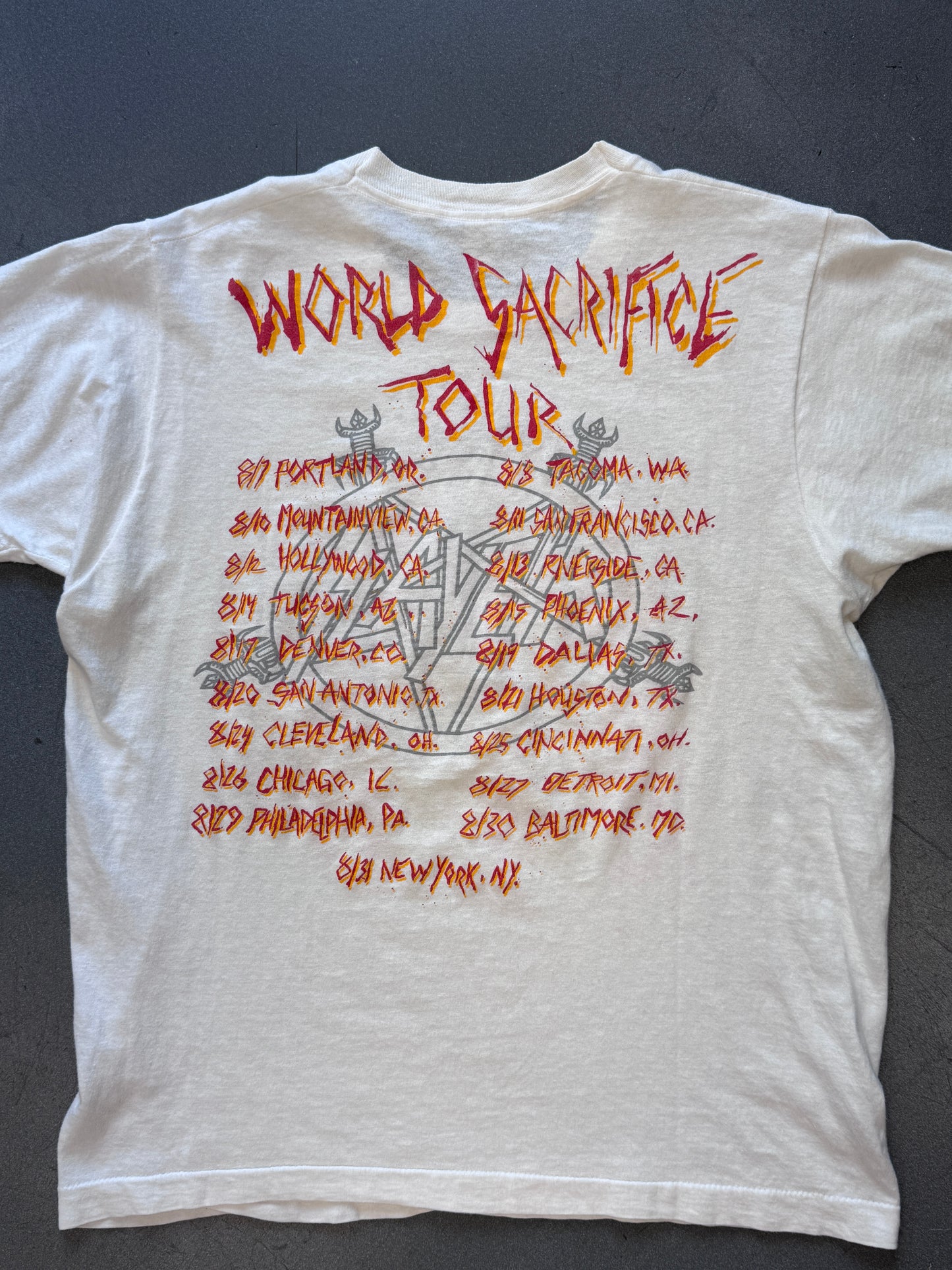 1988 SLAYER WORLD SACRIFICE TOUR SWORDS STABBING EARTH TEE (SCREEN STARS TAG)