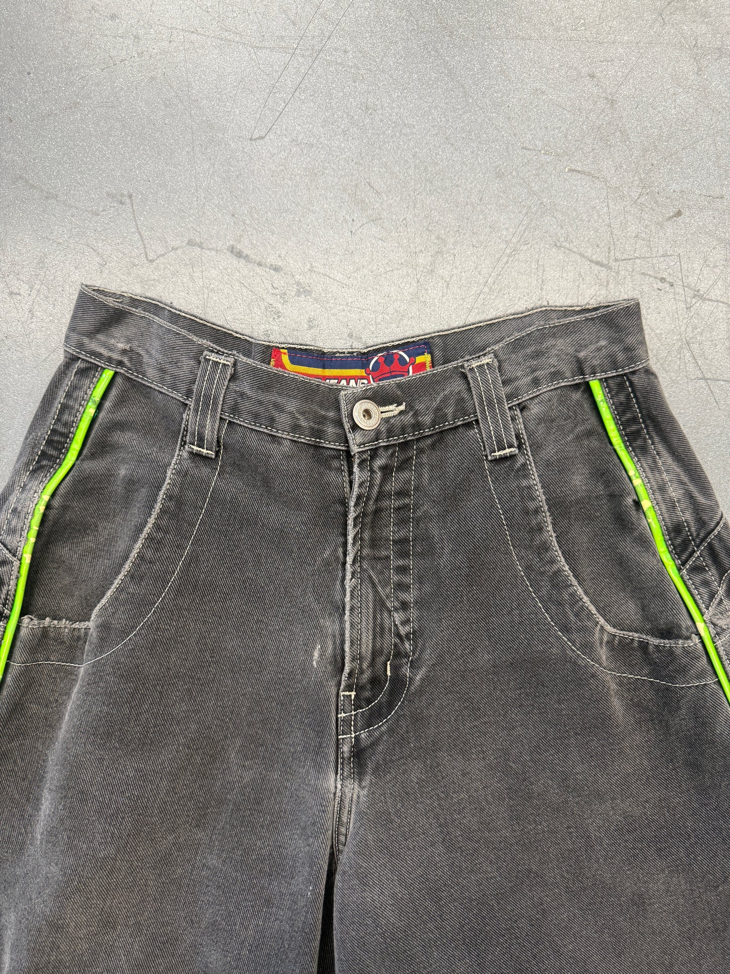 Y2K JNCO GREEN PIPELINE BLACK BAGGY DENIM FLAMING BUDDHA