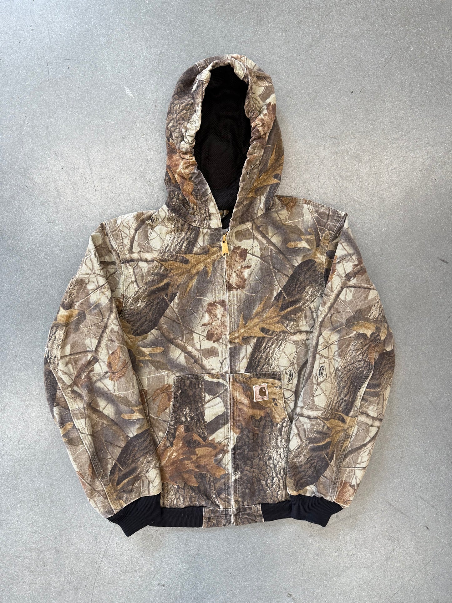 00S YOUTH CARHARTT MESH-LINED CAMO CANVAS HOODED WORK JACKET