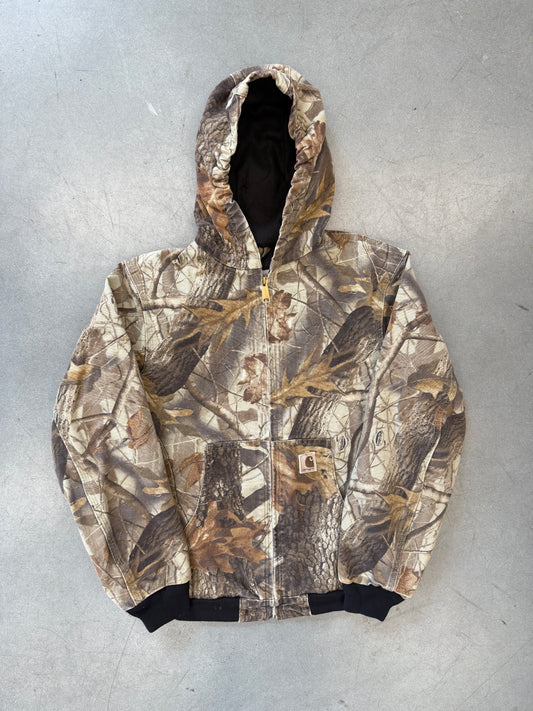 00S YOUTH CARHARTT MESH-LINED CAMO CANVAS HOODED WORK JACKET