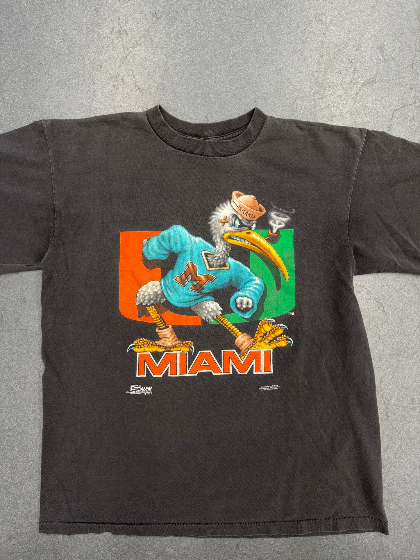 1991 UNIVERSITY OF MIAMI 3-D SEBASTIAN IBIS GARDNER GRAPHICS TEE (SALEM SPORTSWEAR TAG)