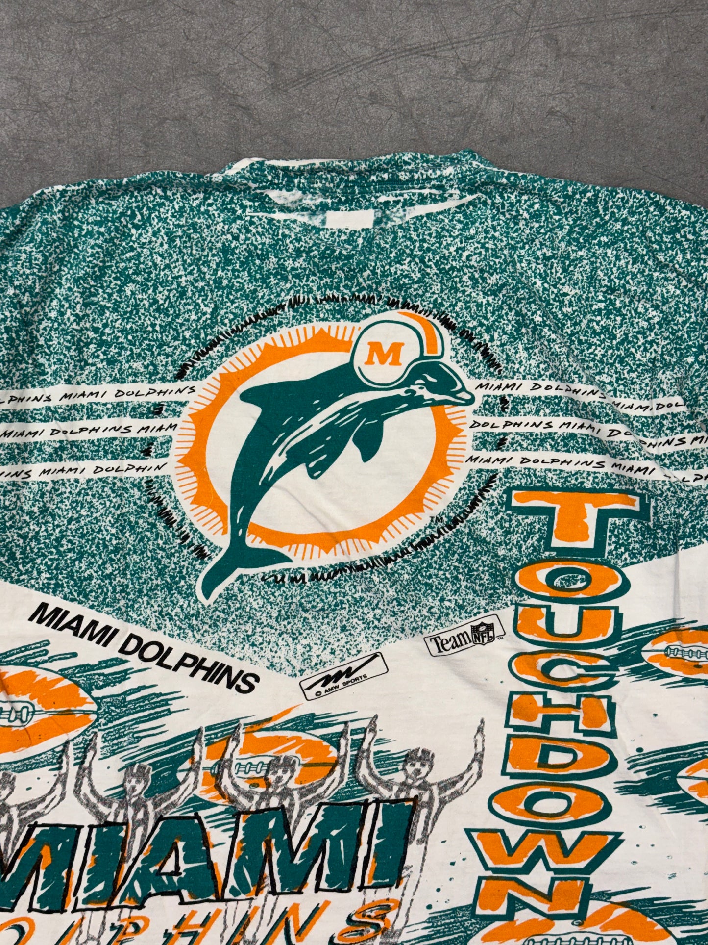 90S MIAMI DOLPHINS AMW SPORTS TEAM NFL AOP TEE (MAGIC JOHNSON'S RITZ TAG)
