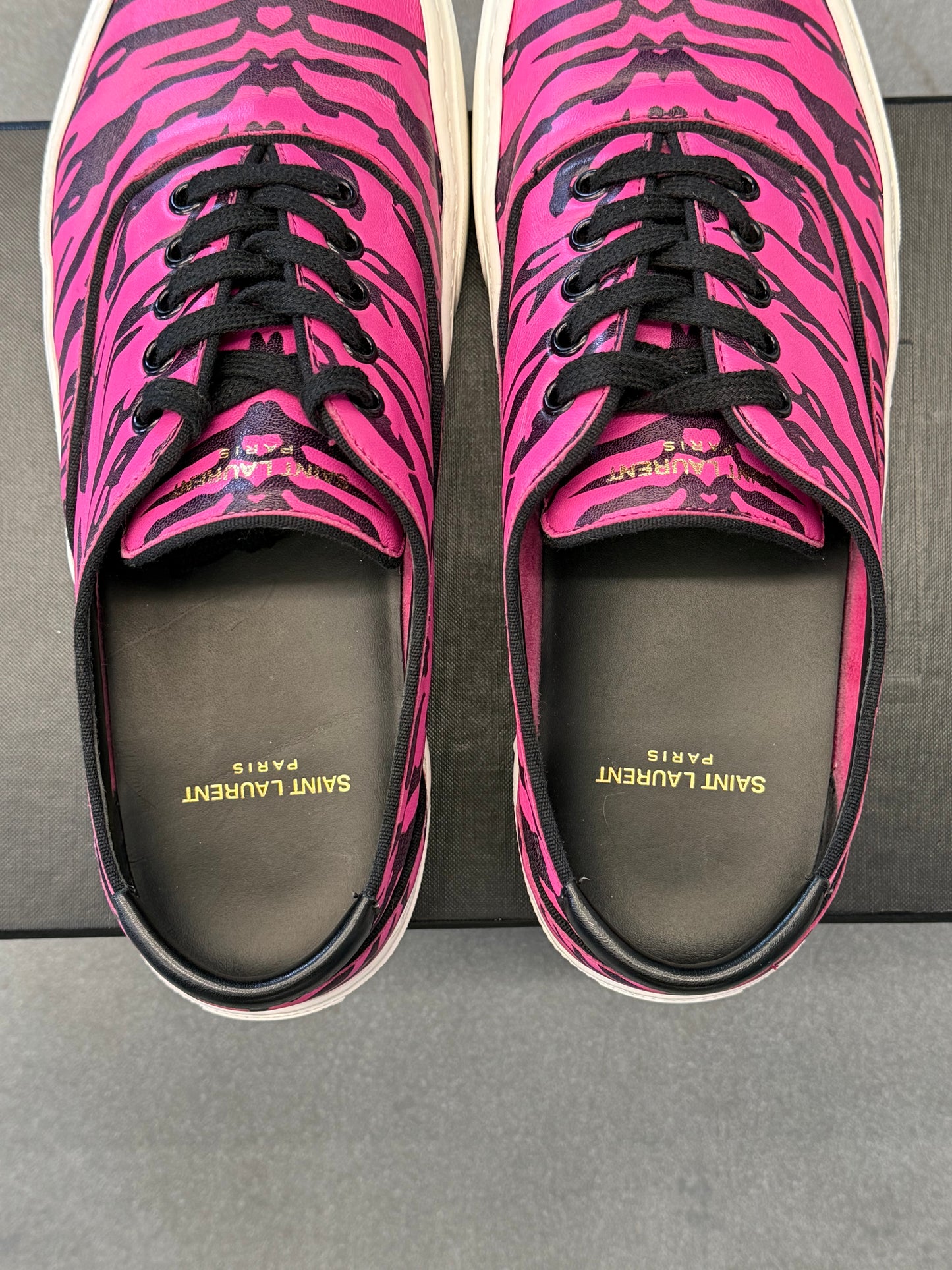 SAINT LAURENT VENICE PINK TIGER PRINT LOW TOP LEATHER SNEAKER (W/BOX)