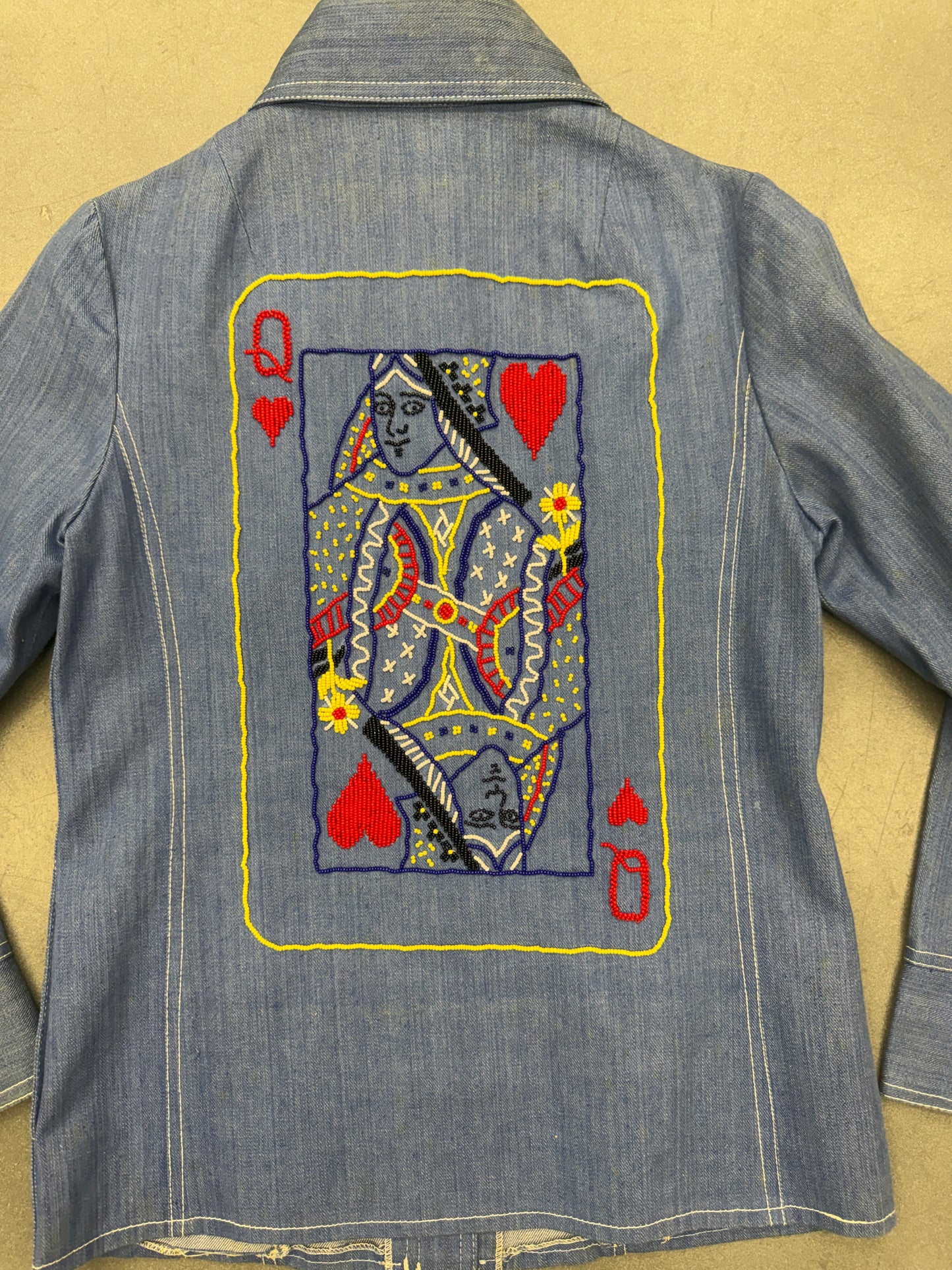 70S QUEEN OF HEARTS BEADED BUTTON-UP DENIM SHIRT (ARLEEN TAG)