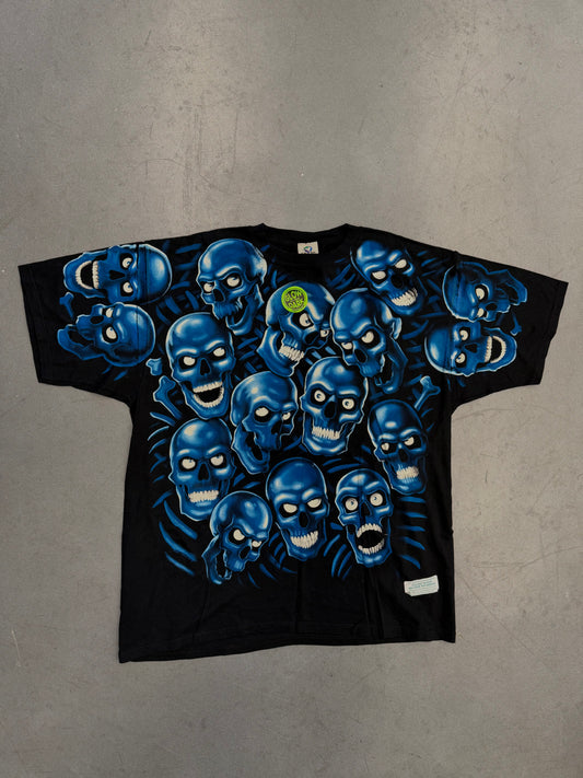 2001 LIQUID BLUE GLOW IN THE DARK SKULLS AOP TEE - BLUE (NWT)