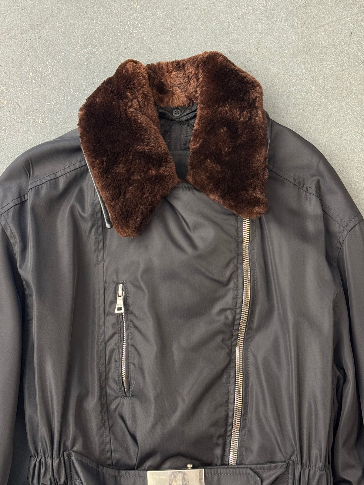 FW94 PRADA NYLON AND LEATHER COAT WITH DETACHABLE FUR COLLAR