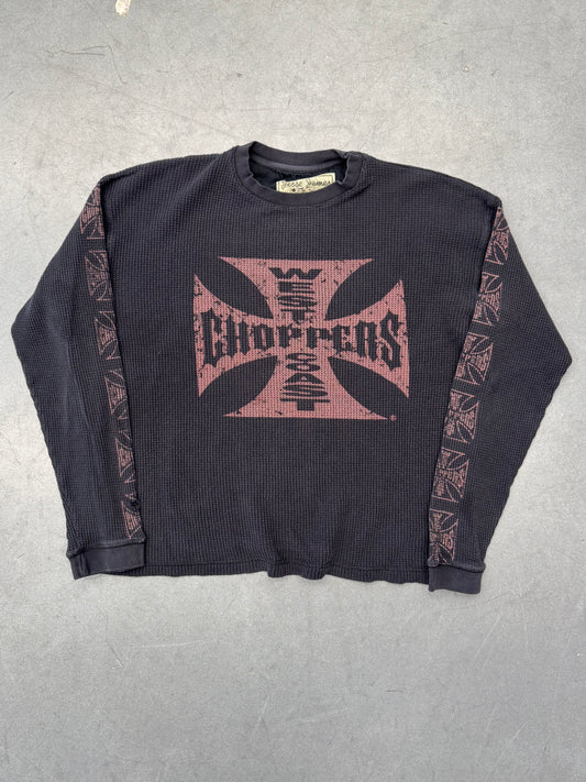 VINTAGE WEST COAST CHOPPERS IRON CROSS WAFFLE THERMAL - BLACK (JESSE JAMES WORKWEAR TAG)