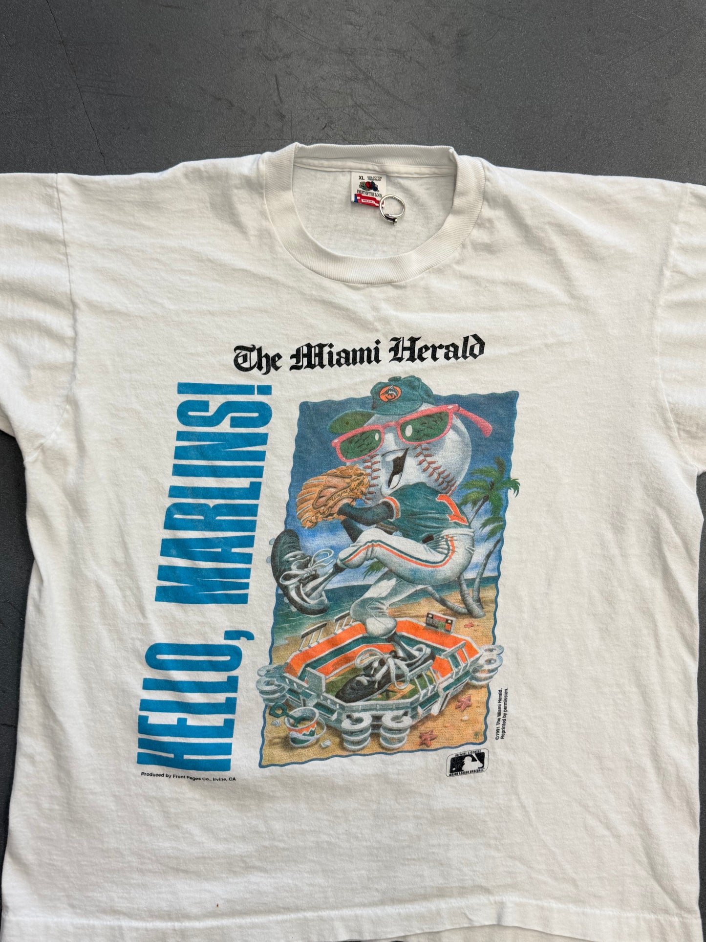 1991 HELLO, MARLINS! THE MIAMI HERALD TEE (FOTL TAG)