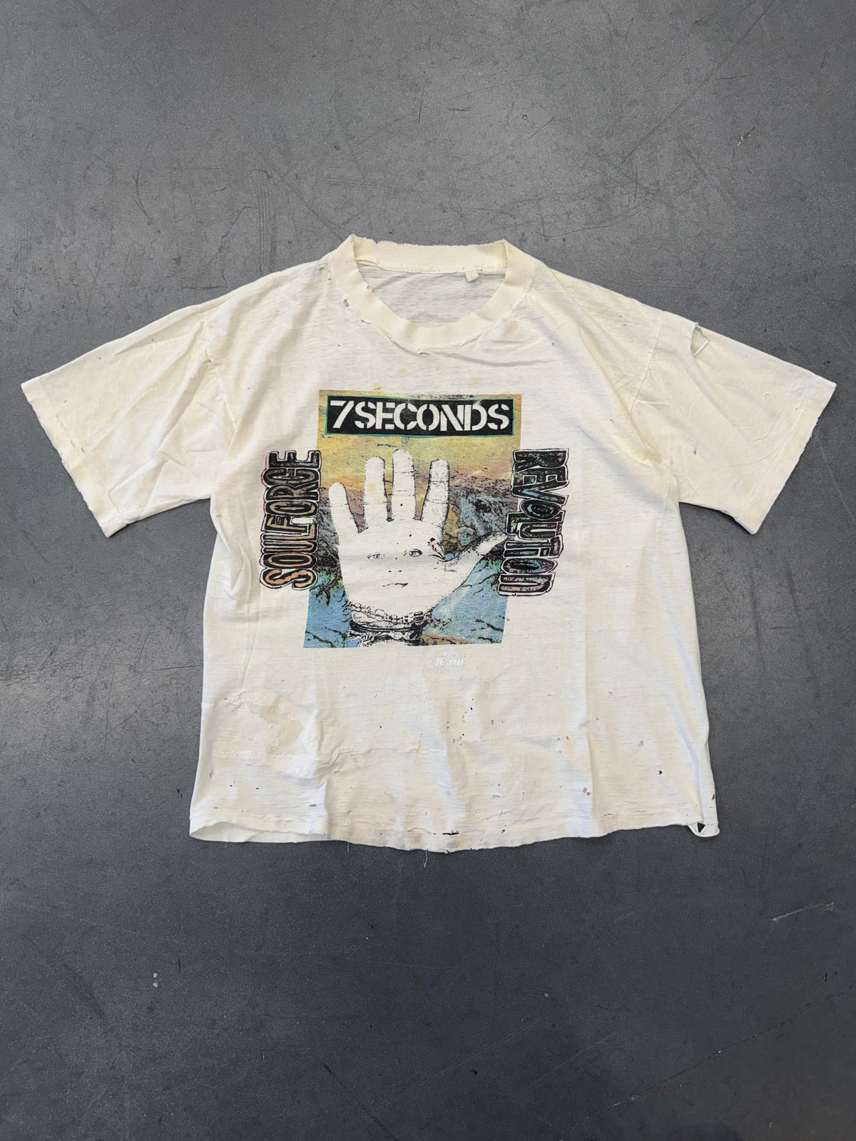 90'S 7 SECONDS SOULFORCE REVOLUTION NORTH AMERICAN TOUR THRASHED TEE (PULLED TAG) HEAVY REPAIR