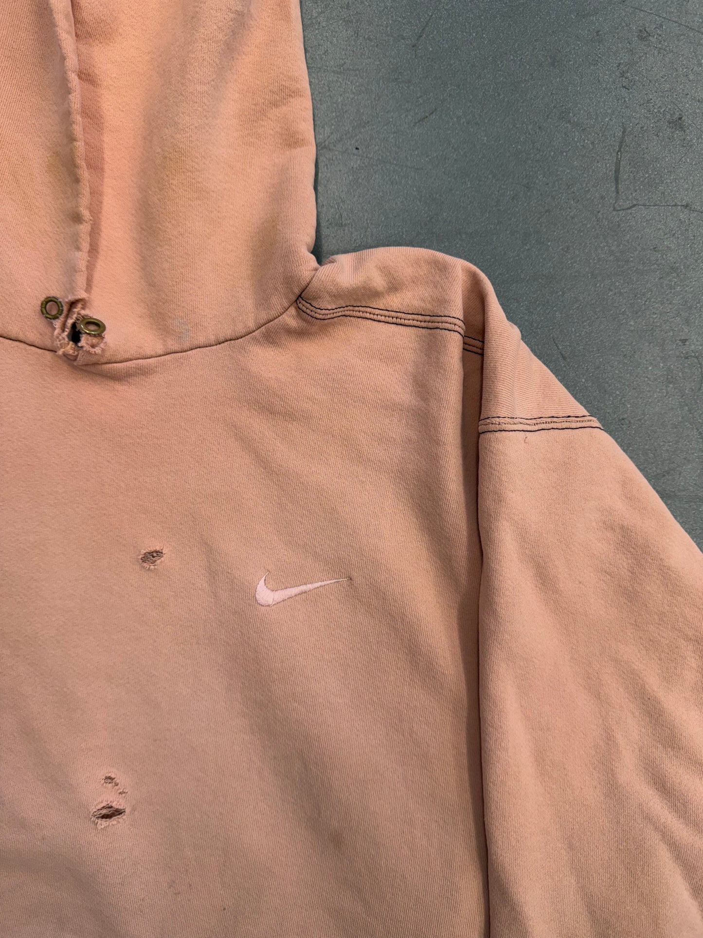 90S NIKE SIDE SWOOSH PULLOVER HOODIE DISTRESSED AND SAFETY-PINNED (NIKE RED SWOOSH TAG)