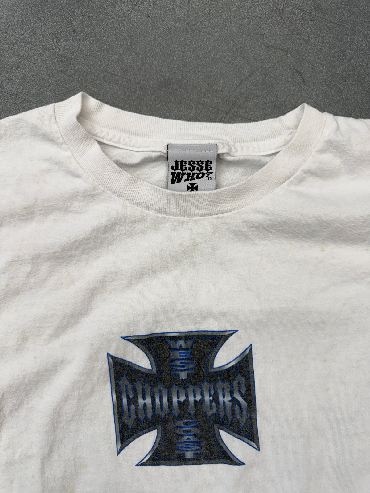 Y2K WEST COAST CHOPPERS BLUE/GREEN OUTLINE IRON CROSS LS MULLET TEE (JESSE WHO? TAGP