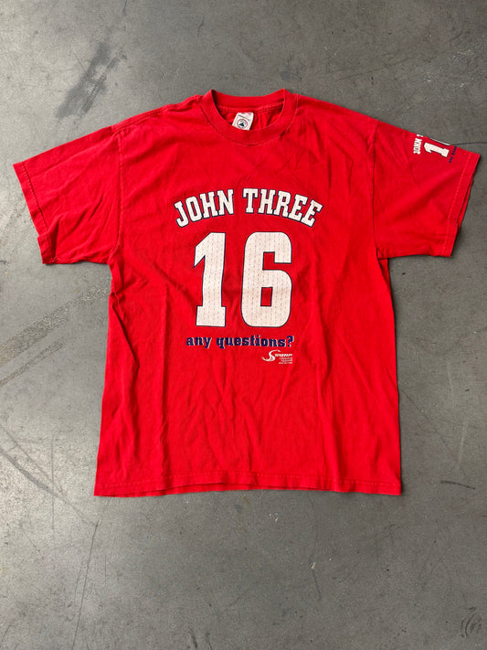Y2K "JOHN THREE 16 ANY QUESTIONS?" JERSEY-STYLE TEE (DELTA TAG)