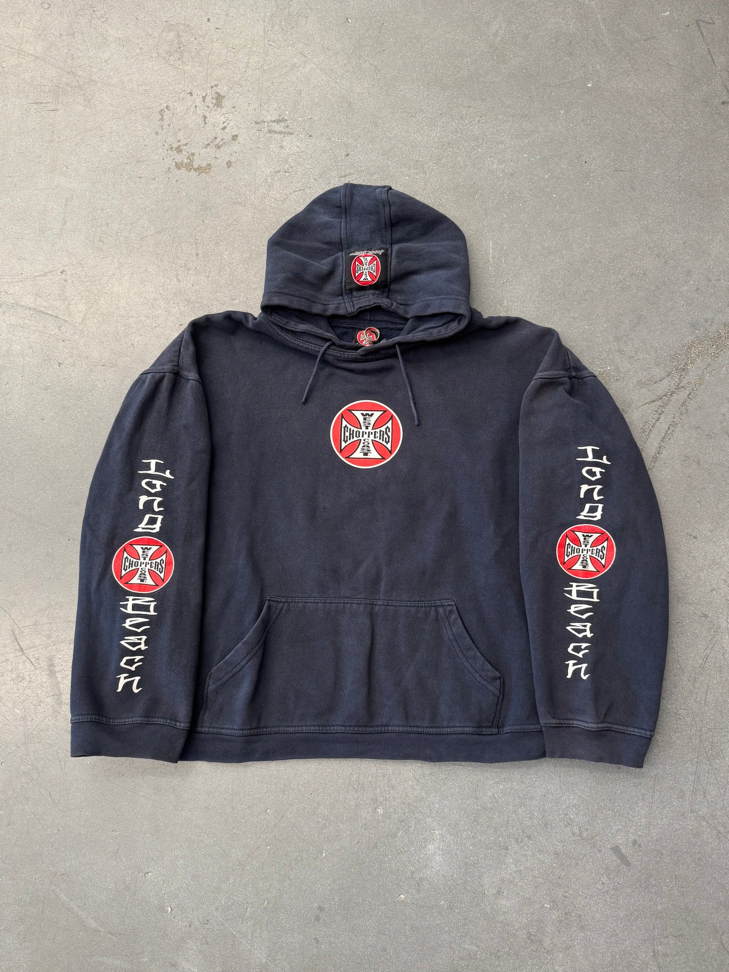 90S WEST COAST CHOPPERS LONG BEACH IRON CROSS CIRCLE LOGO PULLOVER HOODIE (IRON CROSS CIRCLE TAG)