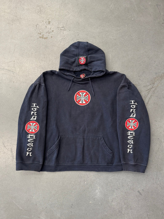 90S WEST COAST CHOPPERS LONG BEACH IRON CROSS CIRCLE LOGO PULLOVER HOODIE (IRON CROSS CIRCLE TAG)