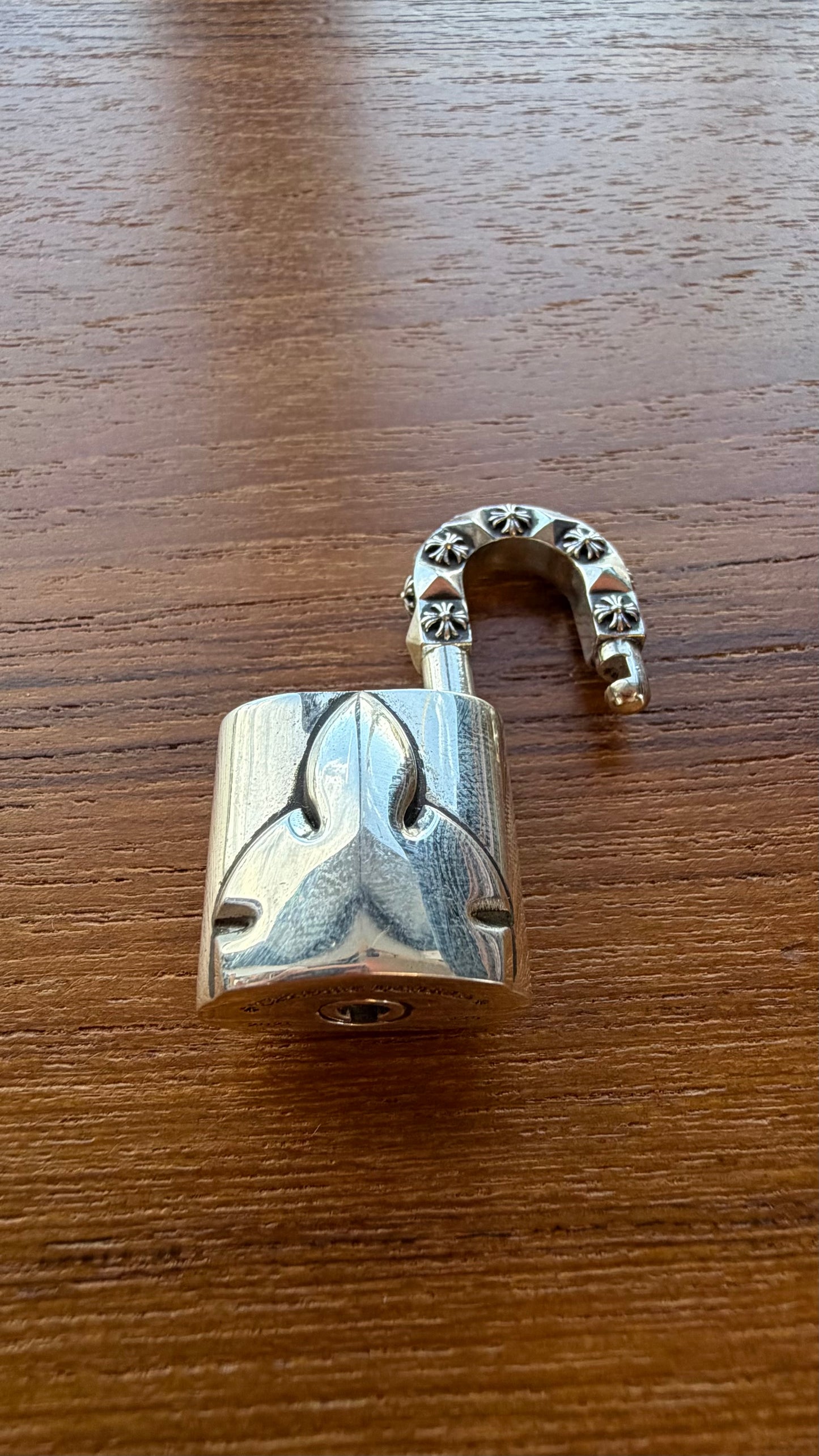 CHROME HEARTS LOVE'S NOT DEAD SILVER FLEUR LOCK PENDANT AND SPIKE KEY