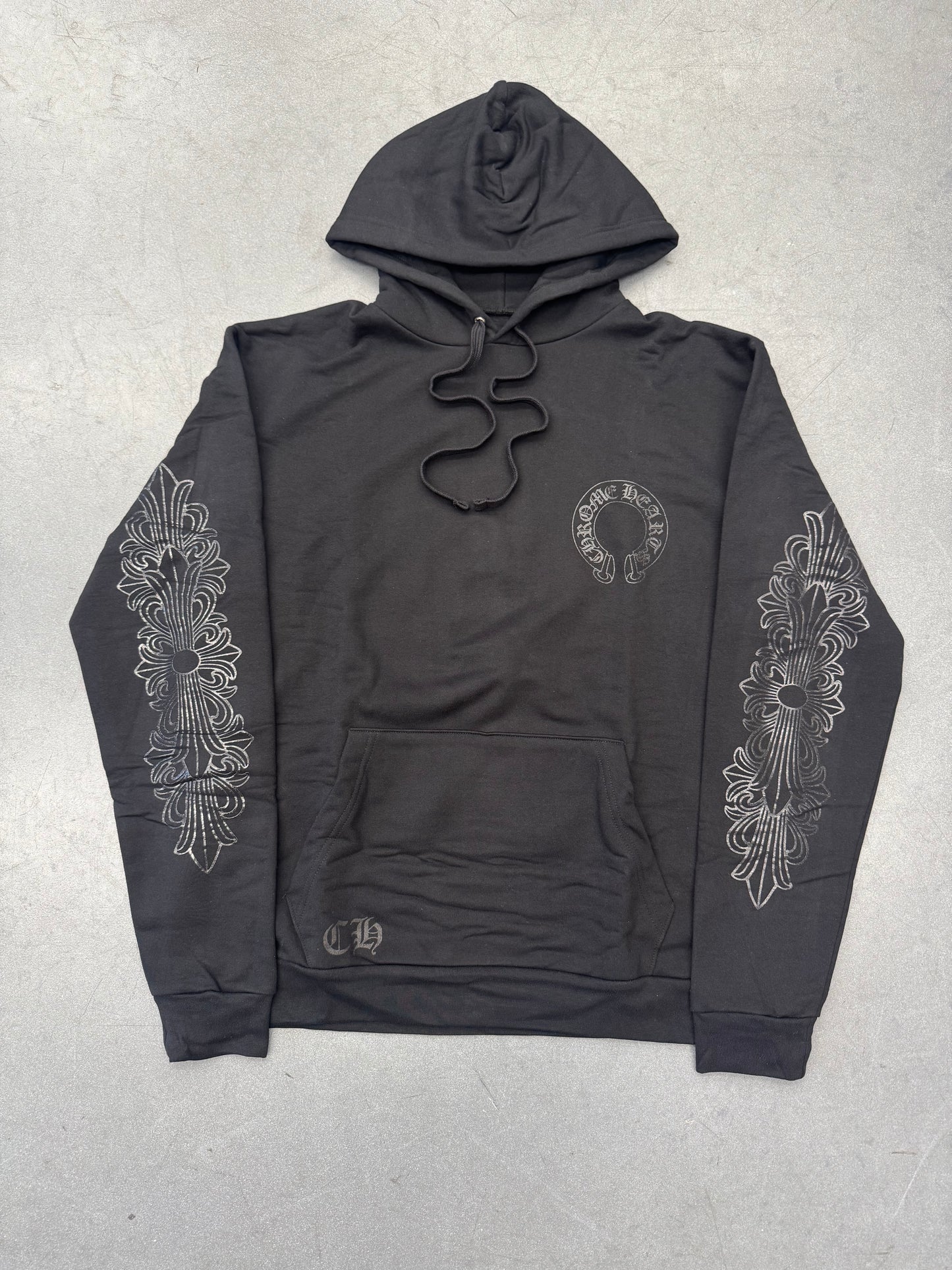 CHROME HEARTS ONLINE EXCLUSIVE TONAL BLACK HORSESHOE FLORAL PULLOVER HOODIE
