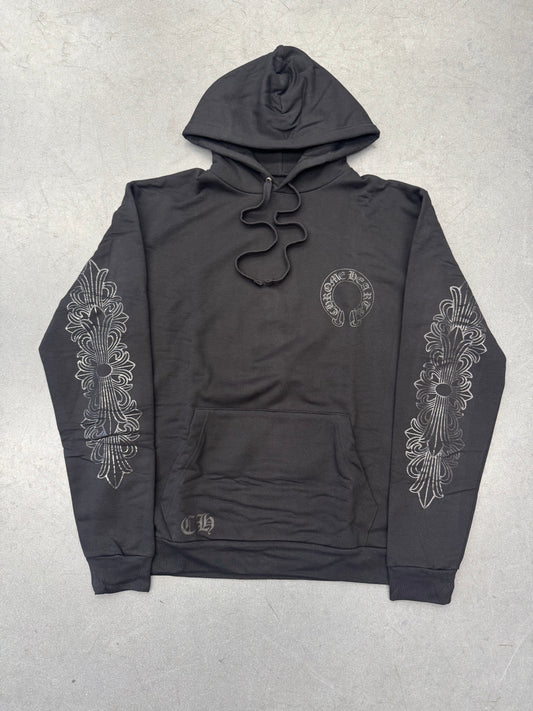 CHROME HEARTS ONLINE EXCLUSIVE TONAL BLACK HORSESHOE FLORAL PULLOVER HOODIE