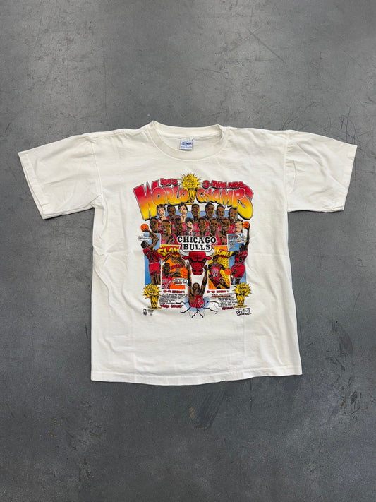 1993 3-TIME NBA WORLDS CHAMPS CHICAGO BULLS CARICATURE COMIC SERIES TEE (SALEM SPORTSWEAR TAG)