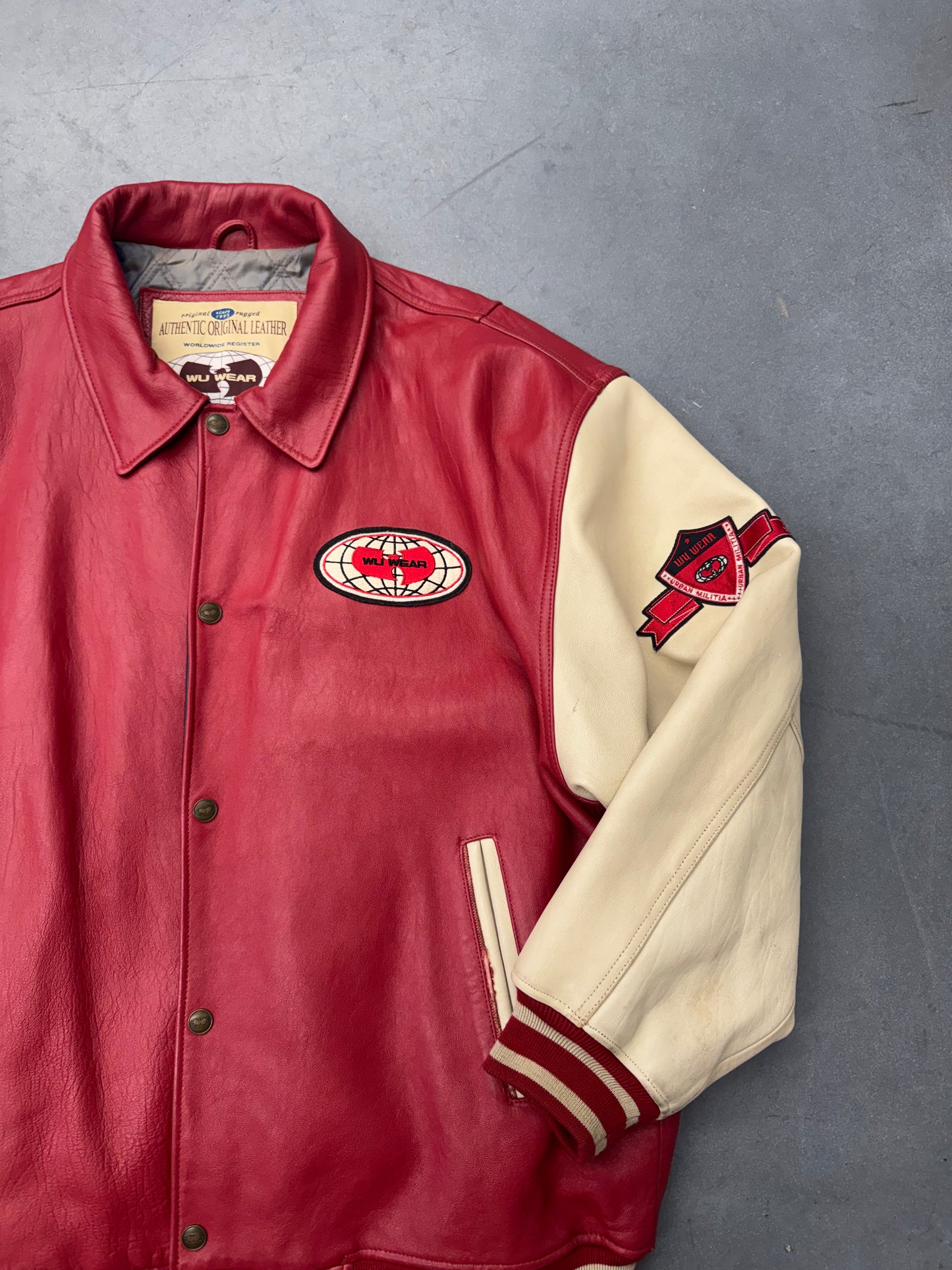 90S WU-TANG WU WEAR URBAN MILITIA LEATHER VARSITY JACKET - RED/WHITE