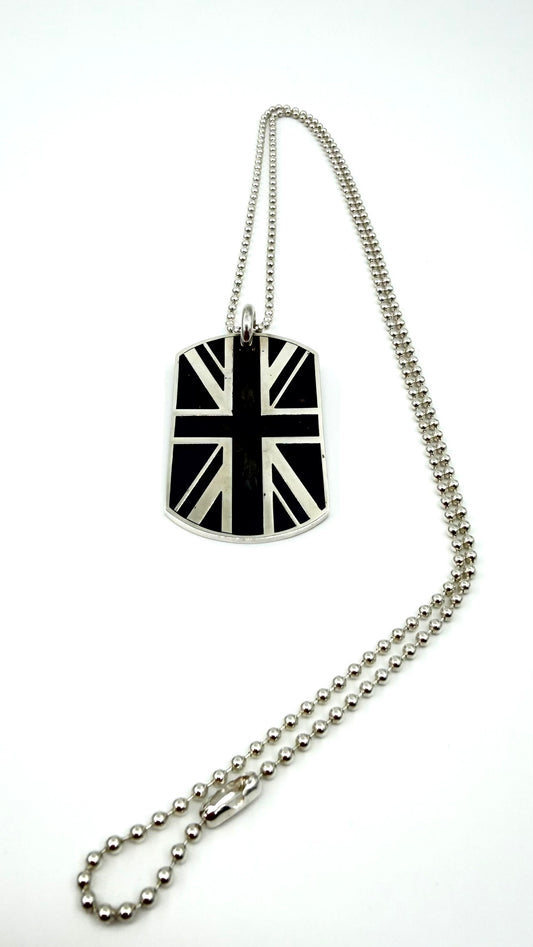 CHROME HEARTS UNION JACK SILVER DOG TAG "GOD SAVE THE SEX PISTOLS" WITH 30 INCH SILVER BALL CHAIN
