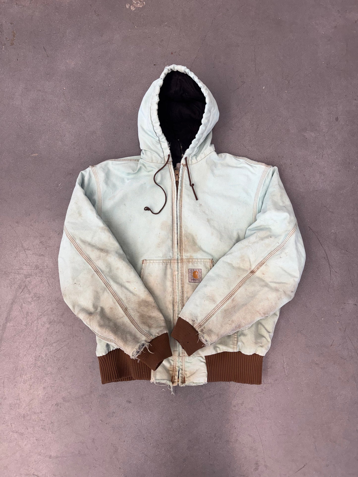 90S CARHARTT INSULATED ZIP-UP DISTRESSED CANVAS WORK JACKET (FADED TAG) (TURQUOISE/BROWN)