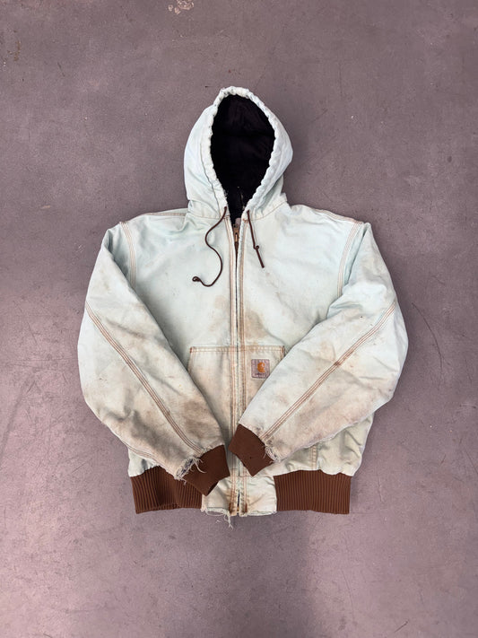 90S CARHARTT INSULATED ZIP-UP DISTRESSED CANVAS WORK JACKET (FADED TAG) (TURQUOISE/BROWN)