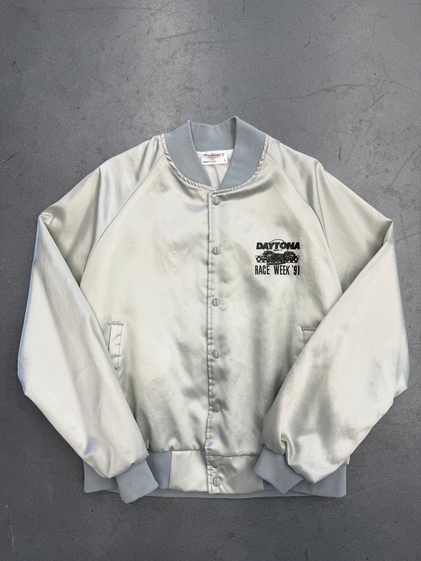 1991 RACE WEEK DAYTONA BEACH FLORIDA GREY SATIN SNAP VARSITY JACKET