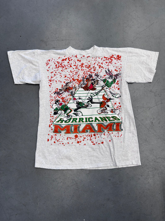 90'S UNIVERSITY OF MIAMI HURRICANES LOONEY TUNES FOOTBALL FIELD TEE (COLLEGE WARE TAG U.S.A TAG)