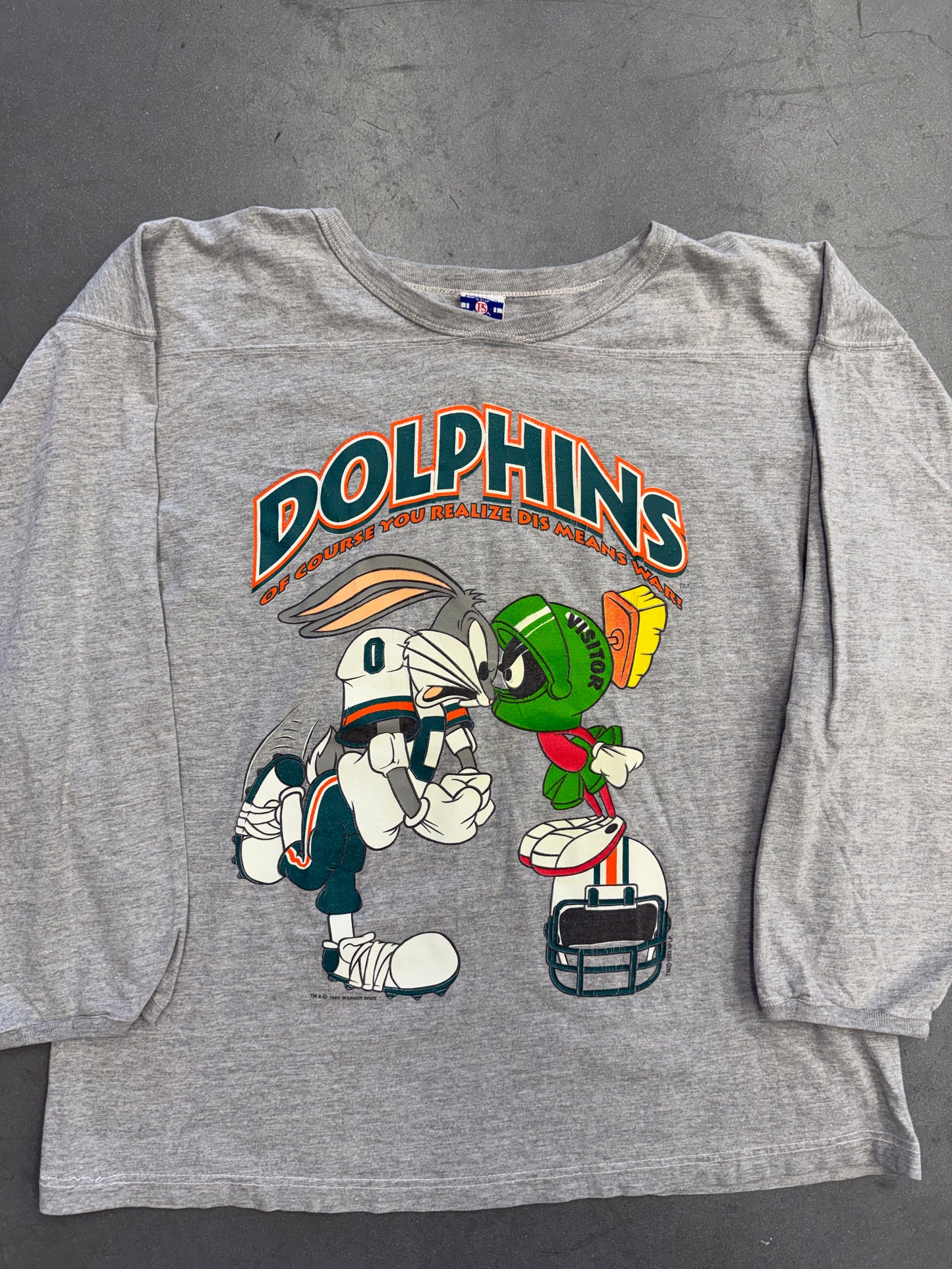 1993 MIAMI DOLPHINS LOONEY TUNES DIS MEANS WAR LS TEE (PRO SPIRIT TAG)