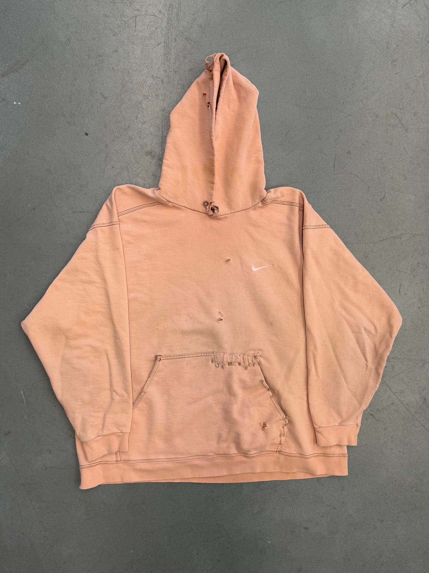 90S NIKE SIDE SWOOSH PULLOVER HOODIE DISTRESSED AND SAFETY-PINNED (NIKE RED SWOOSH TAG)