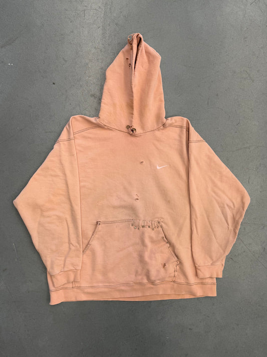 90S NIKE SIDE SWOOSH PULLOVER HOODIE DISTRESSED AND SAFETY-PINNED (NIKE RED SWOOSH TAG)