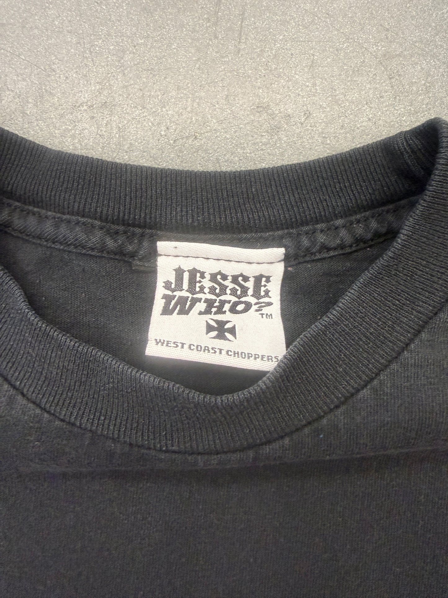 Y2K WEST COAST CHOPPERS LONG BEACH, CA GOLD-OUTLINE IRON CROSS-SLEEVE LS TEE (JESSE WHO? TAG)