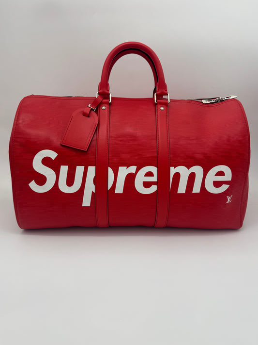 FW17 LOUIS VUITTON X SUPREME KEEPALL BANDOULIERE 45 RED EPI LEATHER DUFFLE BAG