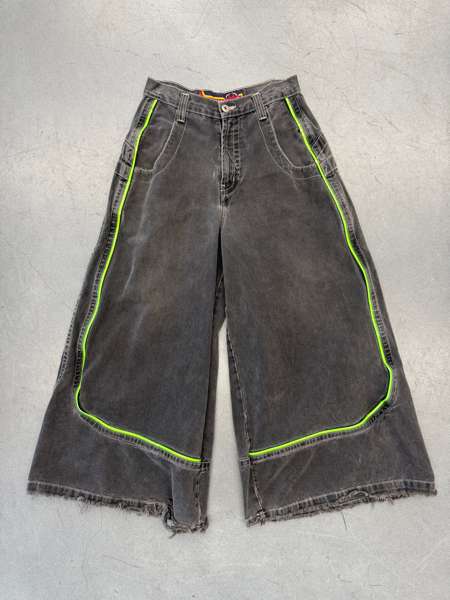 Y2K JNCO GREEN PIPELINE BLACK BAGGY DENIM FLAMING BUDDHA