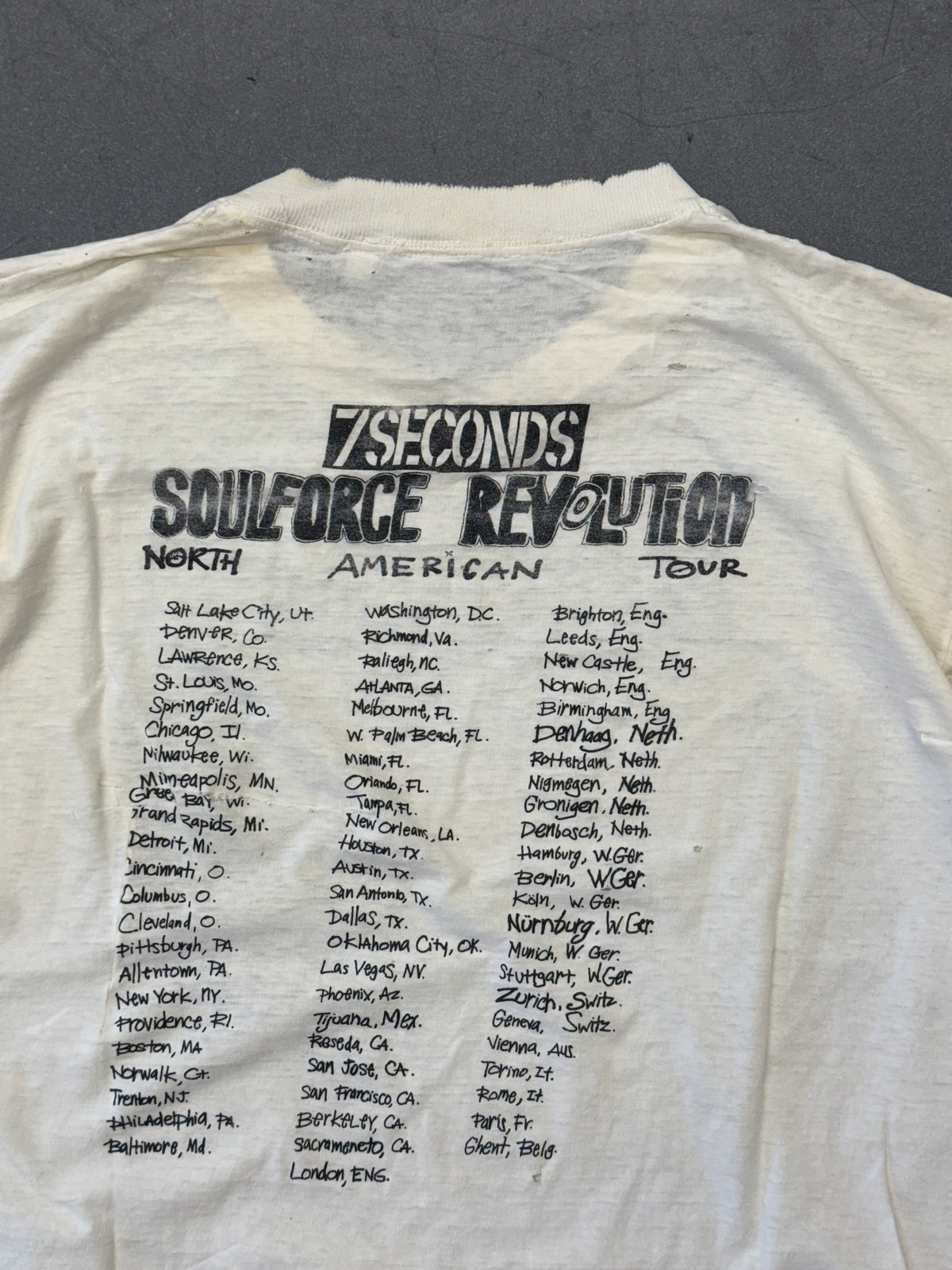 90'S 7 SECONDS SOULFORCE REVOLUTION NORTH AMERICAN TOUR THRASHED TEE (PULLED TAG) HEAVY REPAIR
