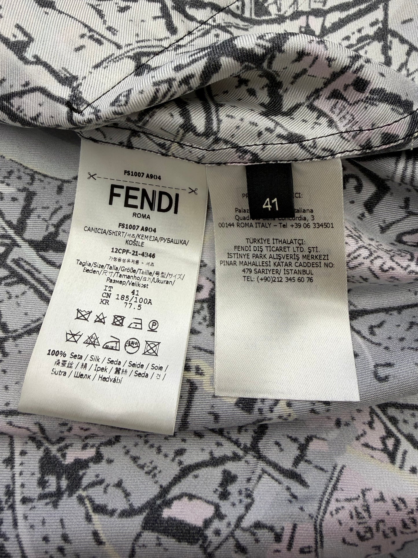 FENDI MAP SILK BUTTON-UP LONG SLEEVE SHIRT