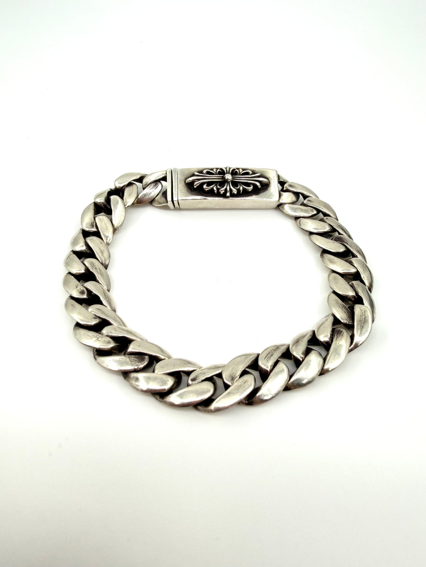 CHROME HEARTS BABY ID FLORAL CROSS CUBAN SILVER BRACELET