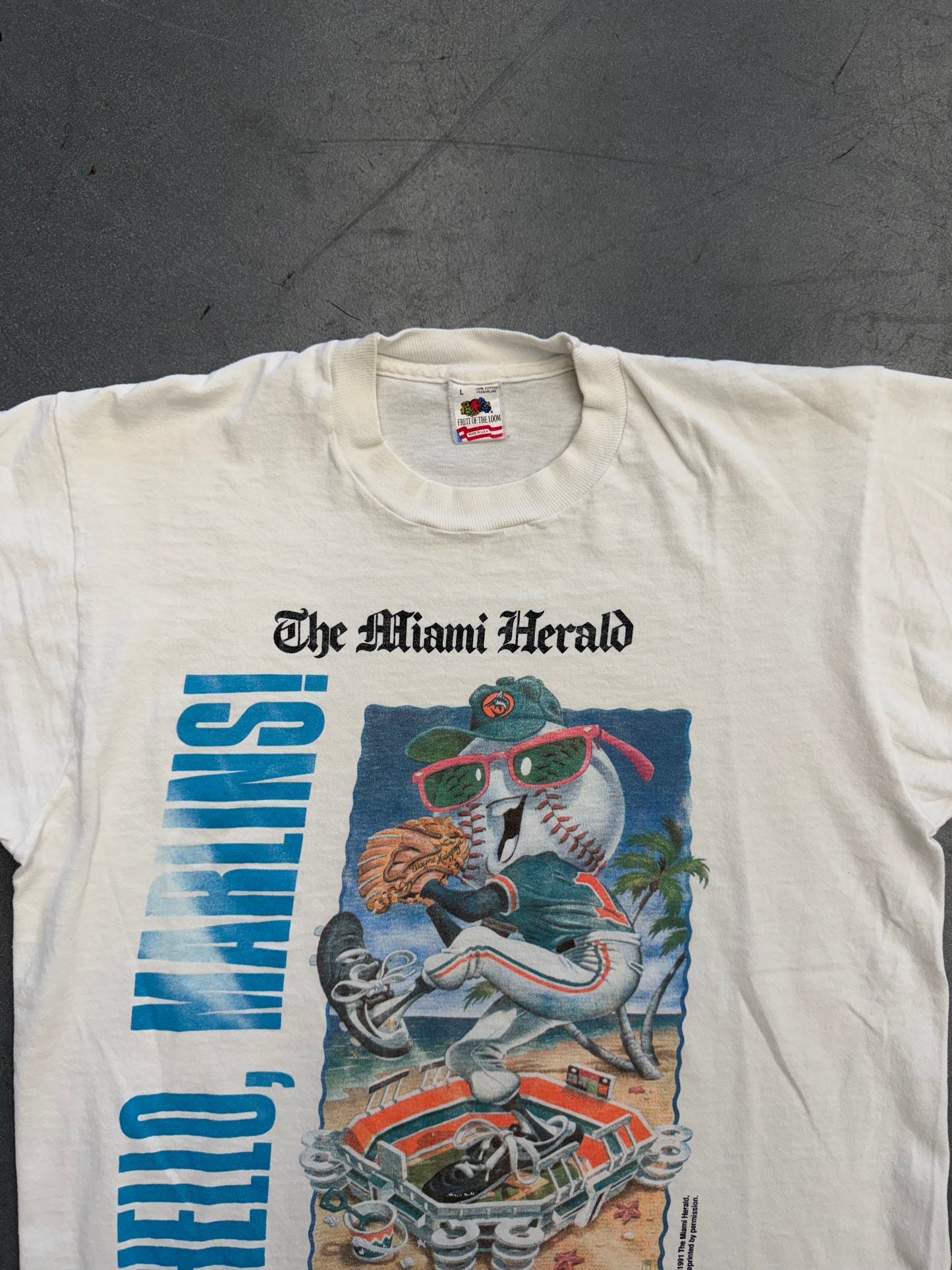 1991 HELLO, MARLINS! THE MIAMI HERALD TEE (FOTL TAG)