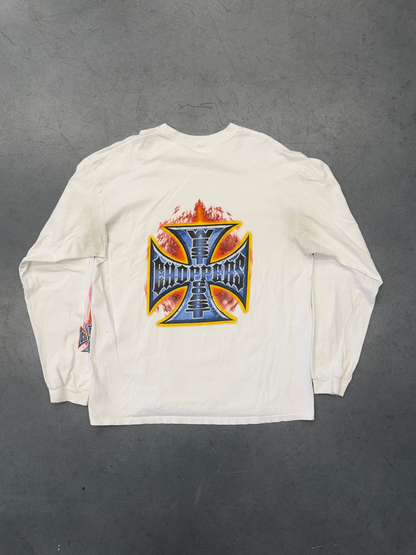 90S WEST COAST CHOPPERS "CHOPPERS FOR LIFE" CRACKING IRON CROSS SKETCH-FLAME SLEEVE LS TEE (PULLED TAG)