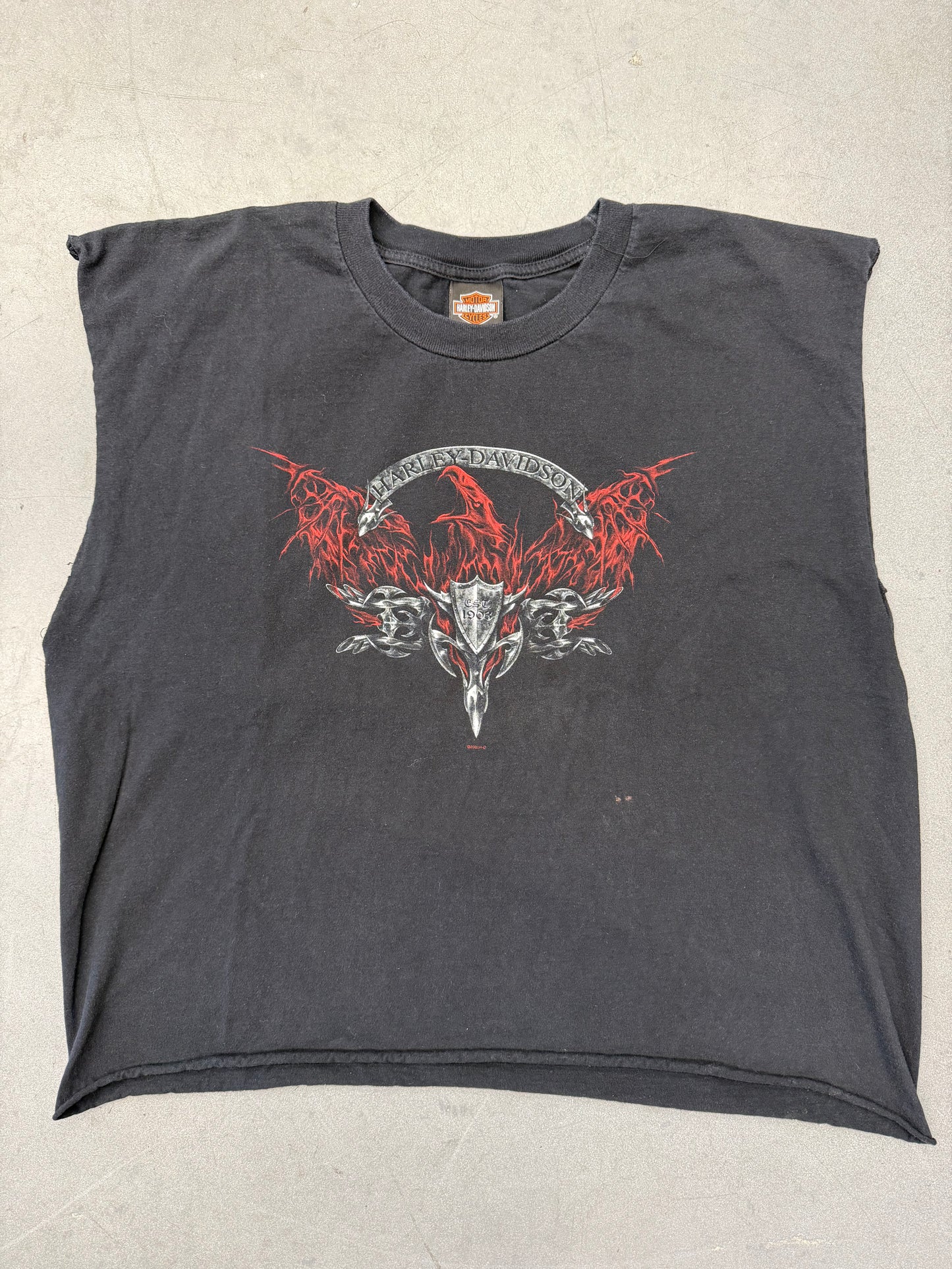 2002 HARLEY-DAVIDSON CHROME FLAME EAGLE DAYTONA BEACH, FLORIDA CUT-OFF CROPPED TEE (HARLEY-DAVIDSON TAG)