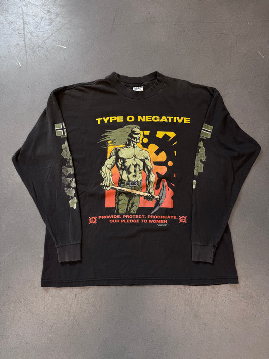 1995 TYPE O NEGATIVE CASKET CREW "PROVIDE. PROTECT. PROCREATE. OUR PLEDGE TO WOMEN" LS BAND TEE (BLUE GRAPE TAG)