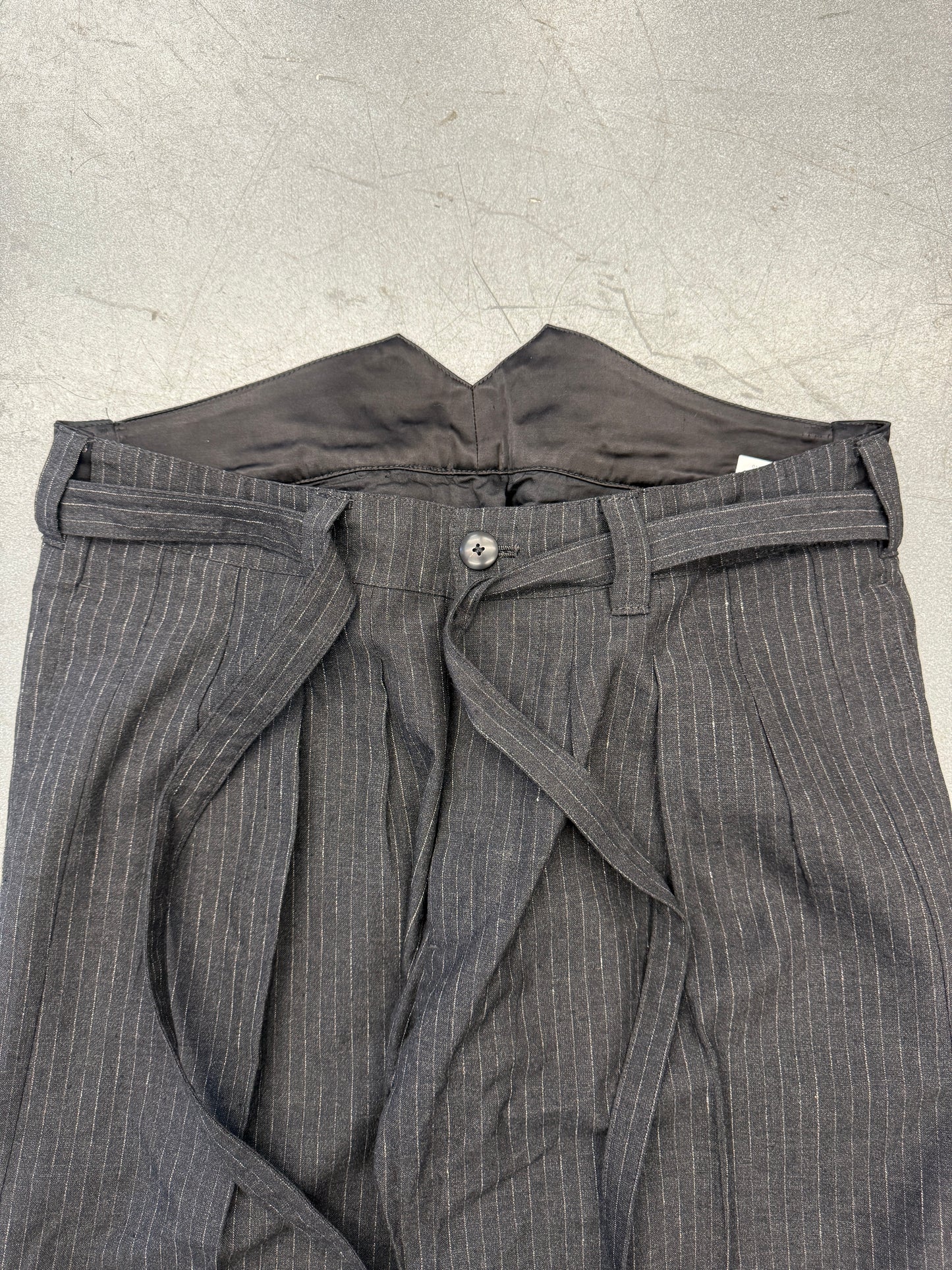 VISVIM PINSTRIPE WOOL WIDE CUFF PANTS - BLACK