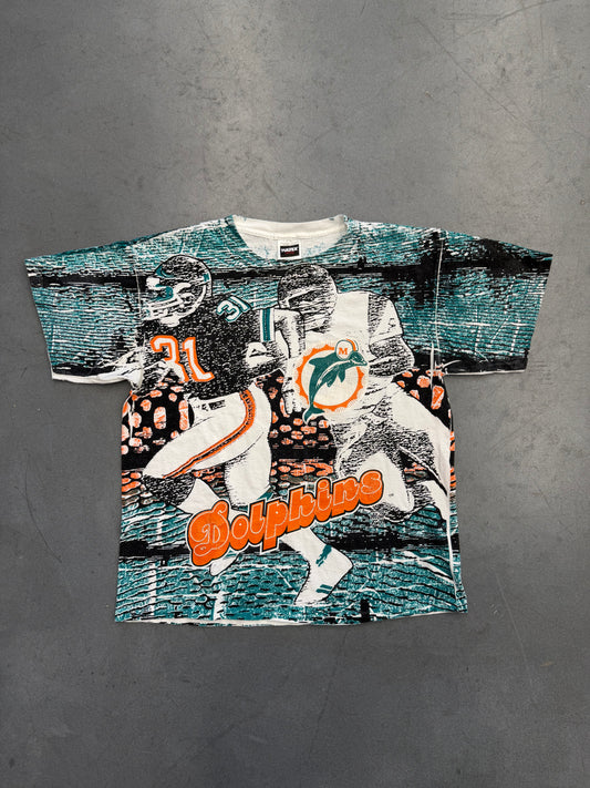 90'S MIAMI DOLPHINS WARFIELDS ALLOUT FAN AOP TEE (TULTEX COTTON TAG)